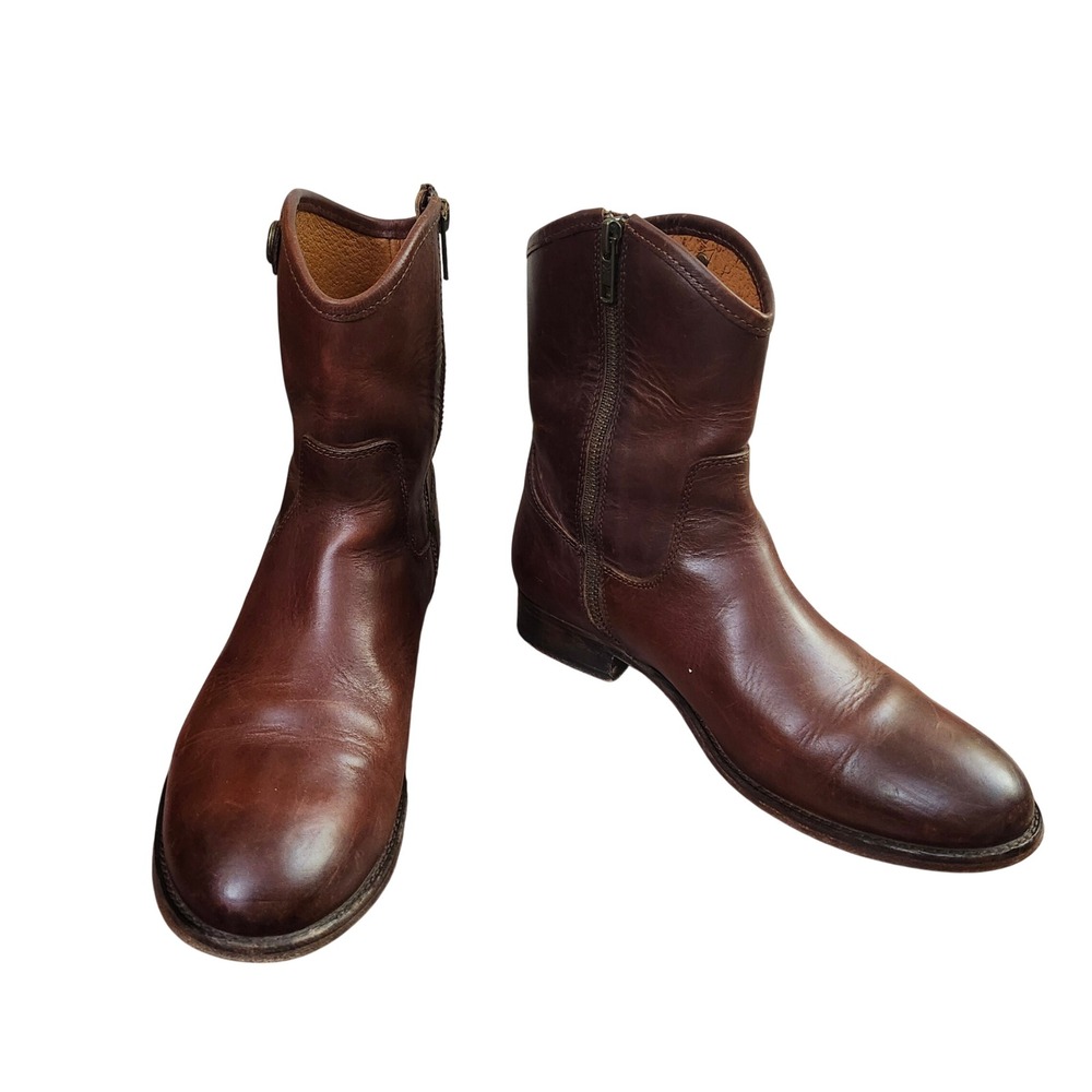 Frye Melissa Button Brown distressed leather short rustic side zip boots Sz 7.5B